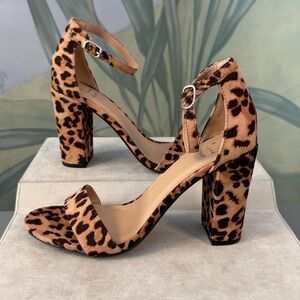 A new day size 7, NWOT Leopard Print Ankle Strap Block Heel Sandals - Tan/Black